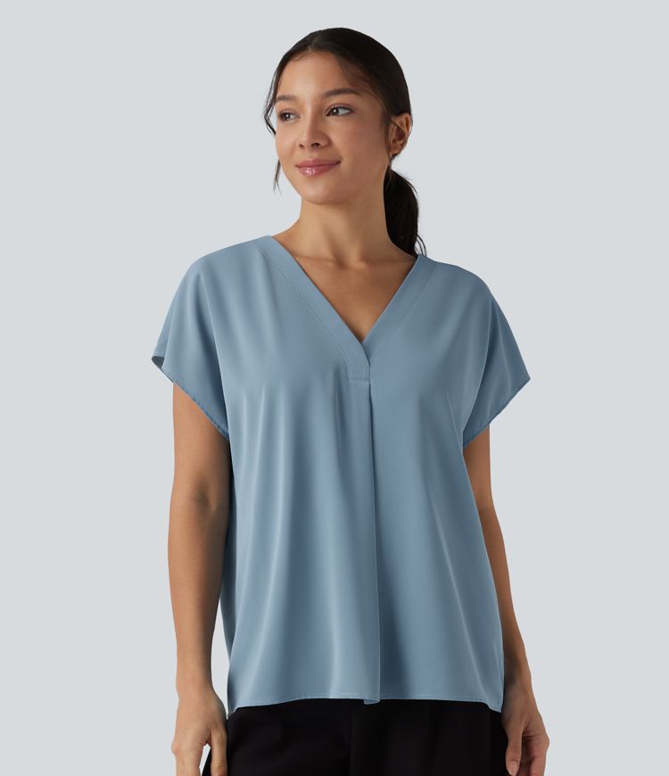 Wrinkle-resistant V-neck Short Sleeve Oversized Work Blouse