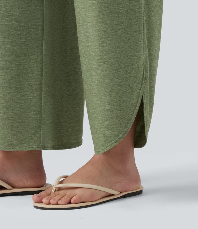 High Waisted Tummy Control Curved Hem Casual Pants with Pockets