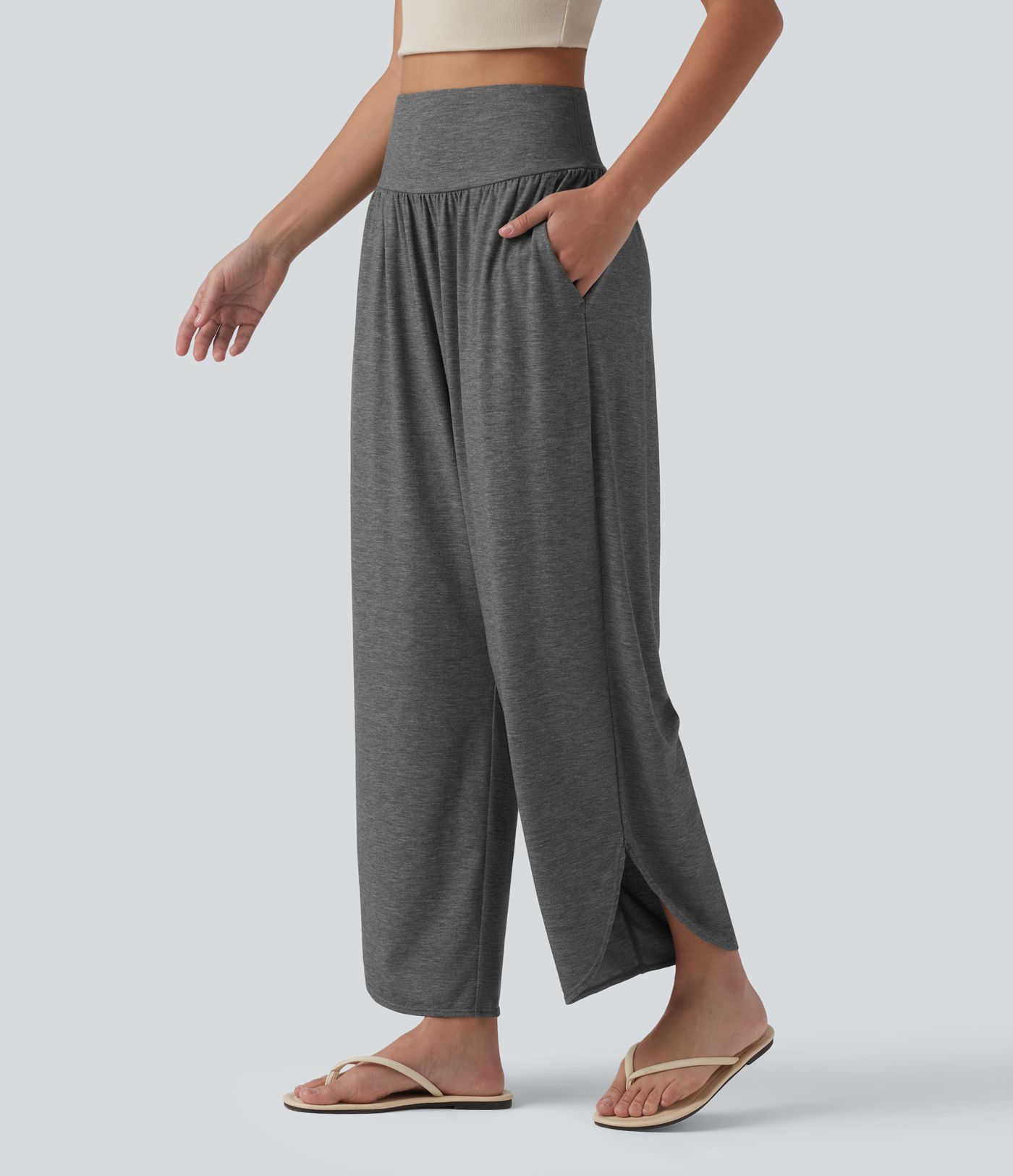 High Waisted Tummy Control Curved Hem Casual Trousers with Pockets High Waisted Tummy Control Curved Hem Casual Trousers with Pockets