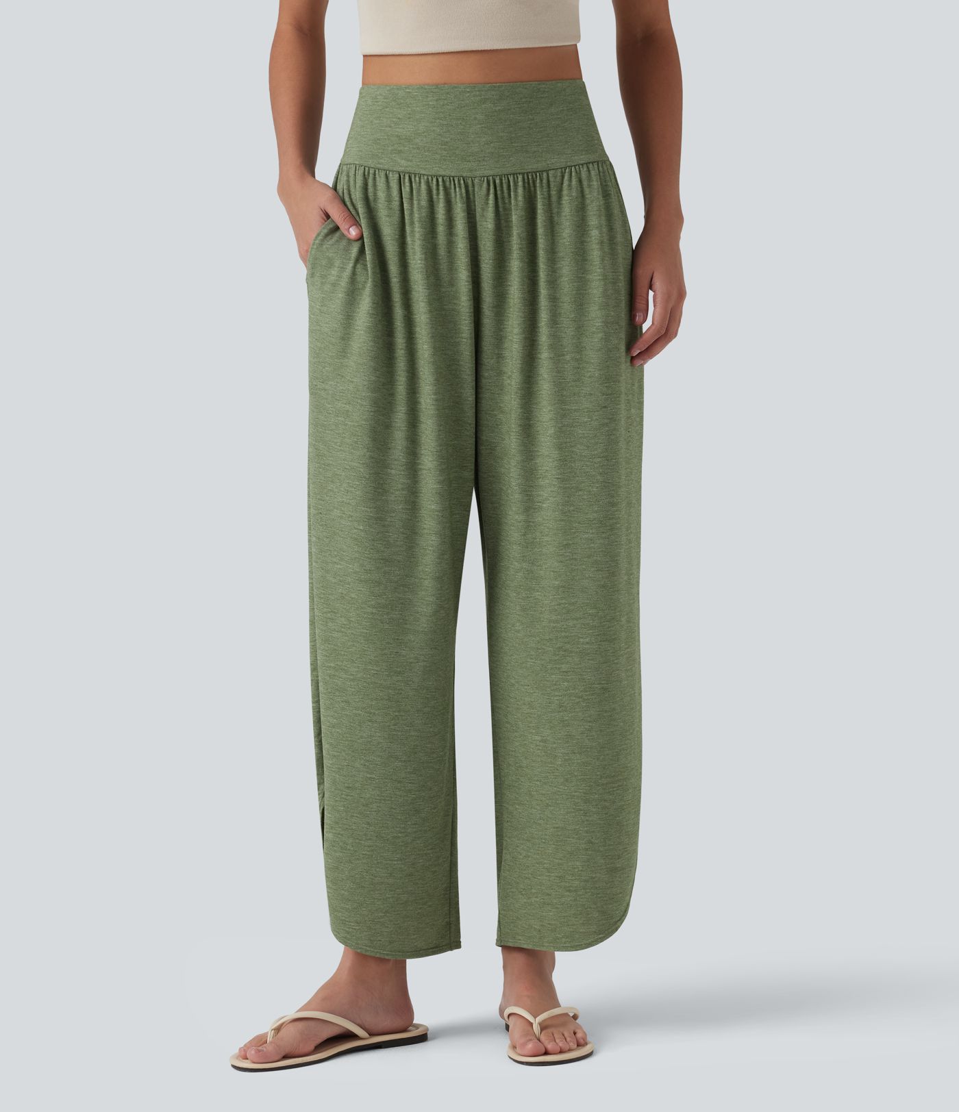 High Waisted Tummy Control Curved Hem Casual Pants with Pockets