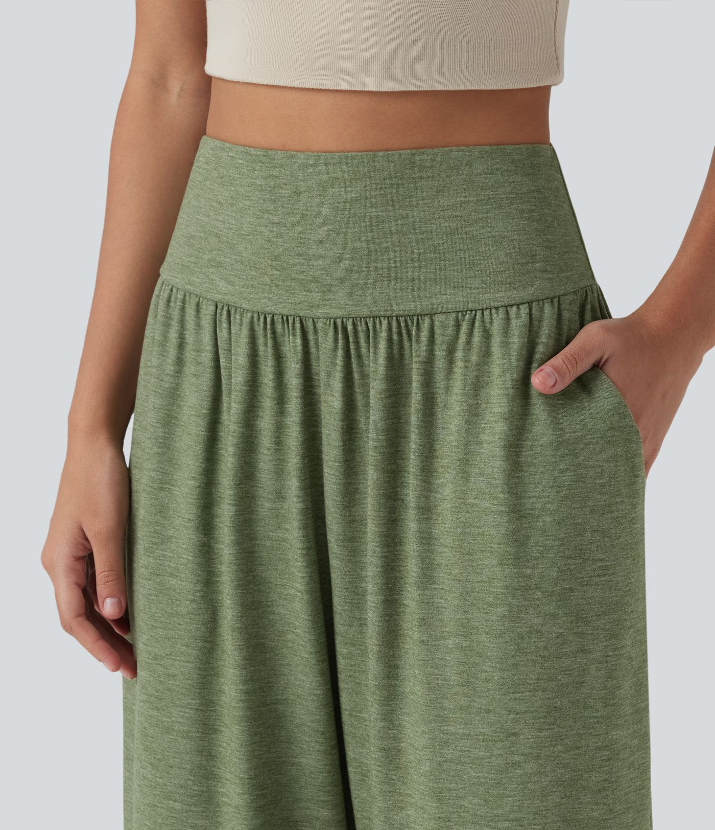 High Waisted Tummy Control Curved Hem Casual Pants with Pockets