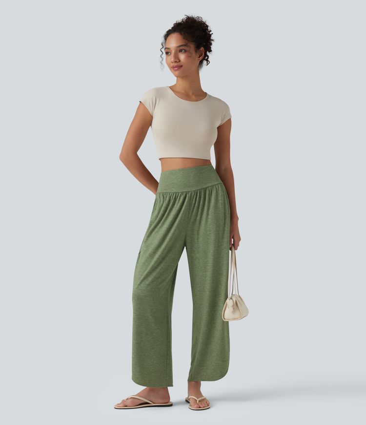 High Waisted Tummy Control Curved Hem Casual Pants with Pockets