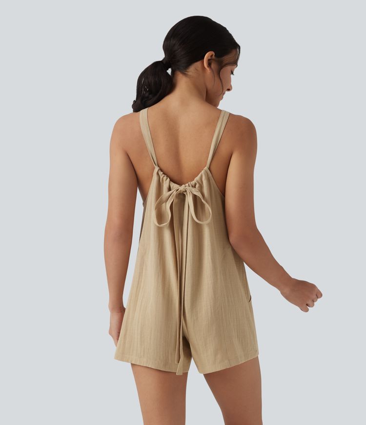 Tie Back Casual Linen-Feel Romper with Pockets