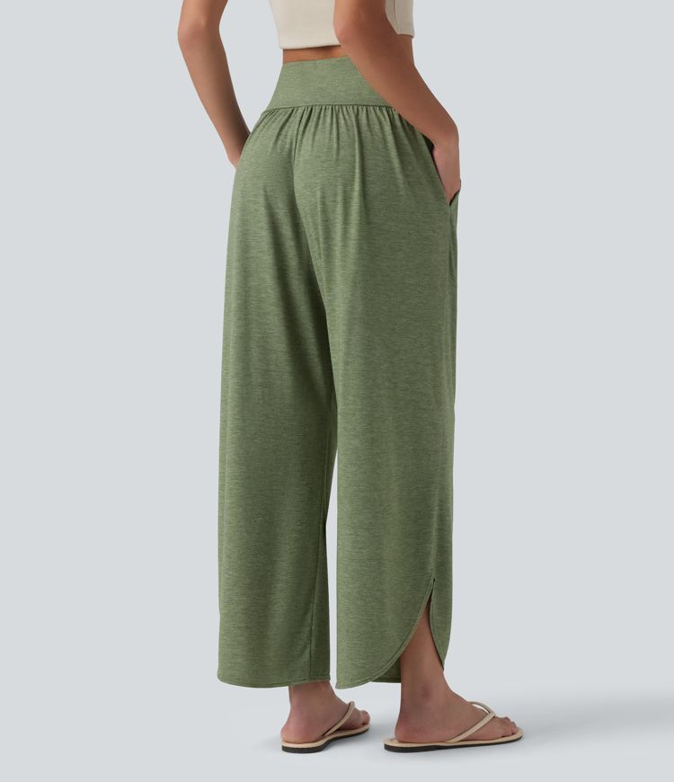 High Waisted Tummy Control Curved Hem Casual Pants with Pockets