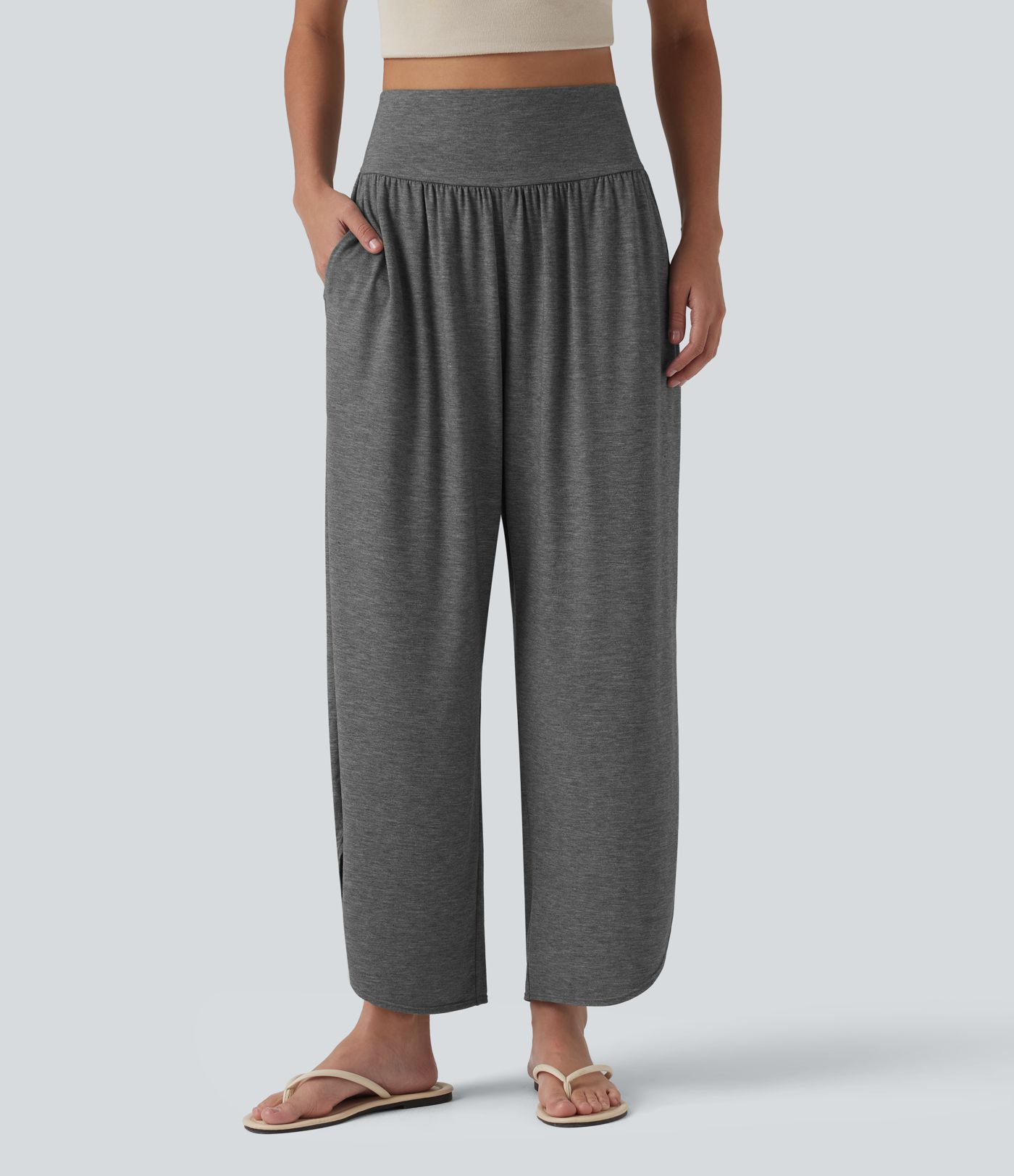 High Waisted Tummy Control Curved Hem Casual Trousers with Pockets High Waisted Tummy Control Curved Hem Casual Trousers with Pockets