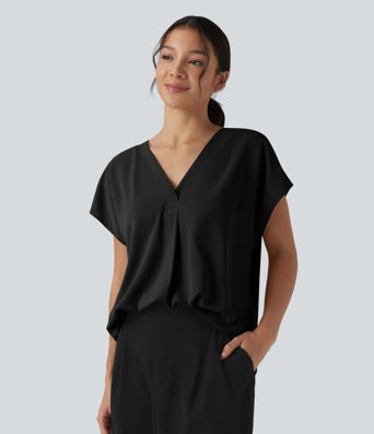 Wrinkle-resistant V-neck Short Sleeve Oversized Work Blouse