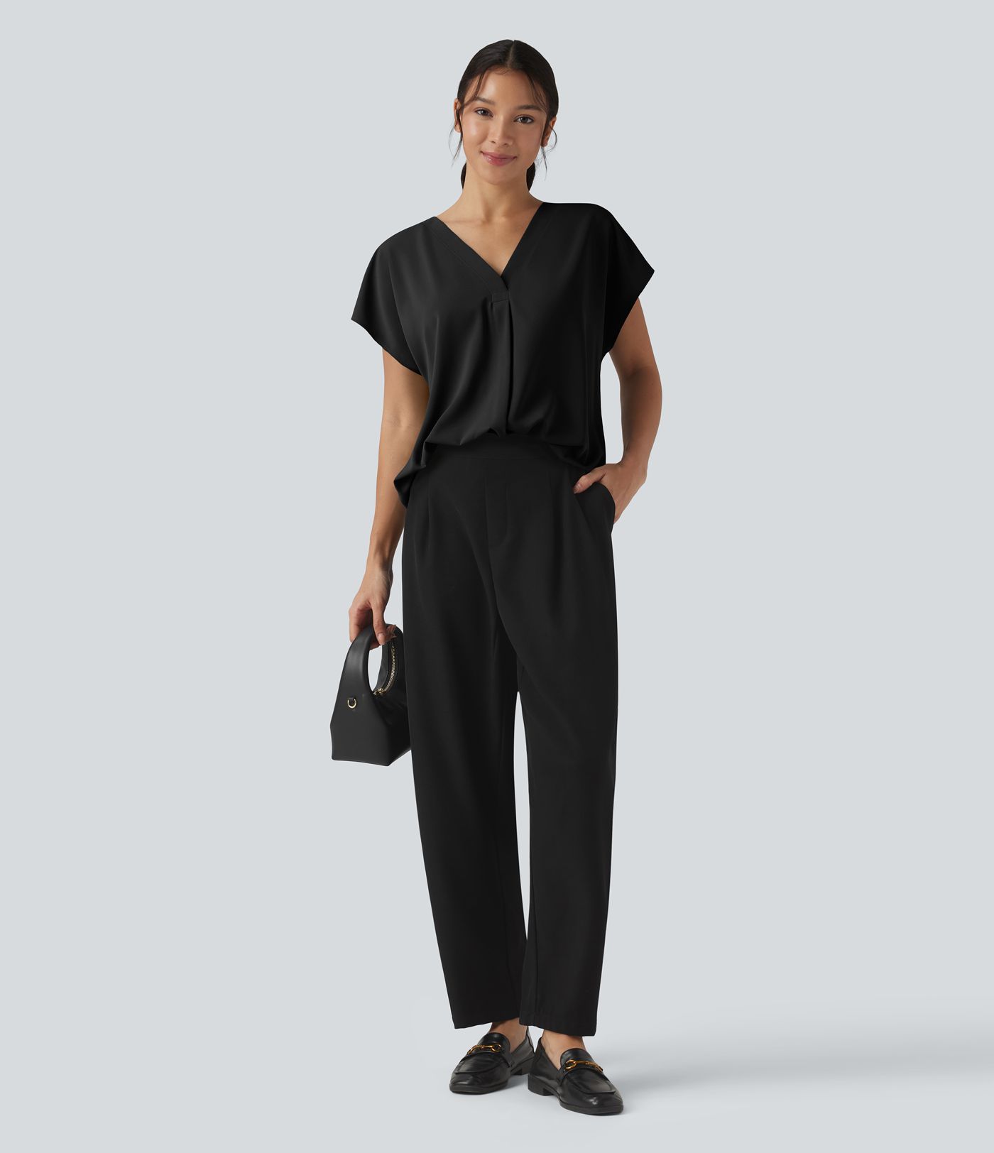 Wrinkle-resistant V-neck Short Sleeve Oversized Work Blouse