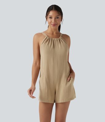 Tie Back Casual Linen-Feel Romper with Pockets