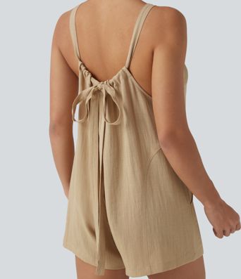 Tie Back Casual Linen-Feel Romper with Pockets