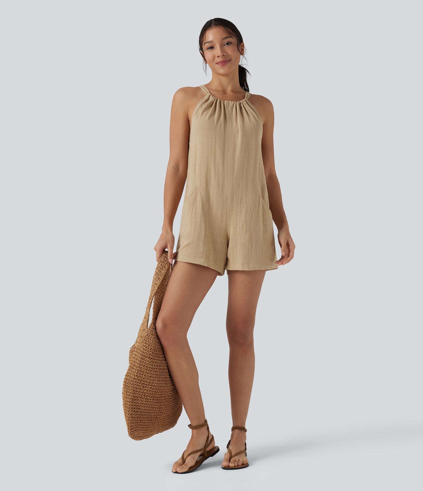Tie Back Casual Linen-Feel Romper with Pockets