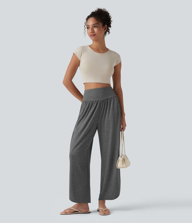 High Waisted Tummy Control Curved Hem Casual Trousers with Pockets High Waisted Tummy Control Curved Hem Casual Trousers with Pockets