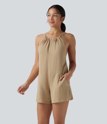 Tie Back Casual Linen-Feel Romper with Pockets