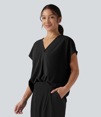 Wrinkle-resistant V-neck Short Sleeve Oversized Work Blouse