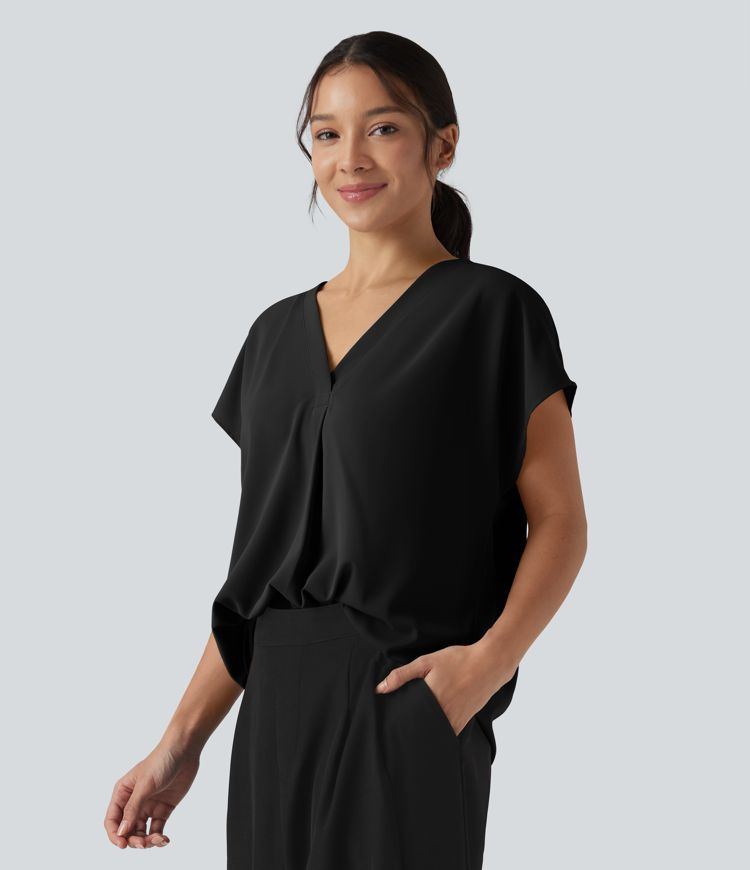 Wrinkle-resistant V-neck Short Sleeve Oversized Work Blouse