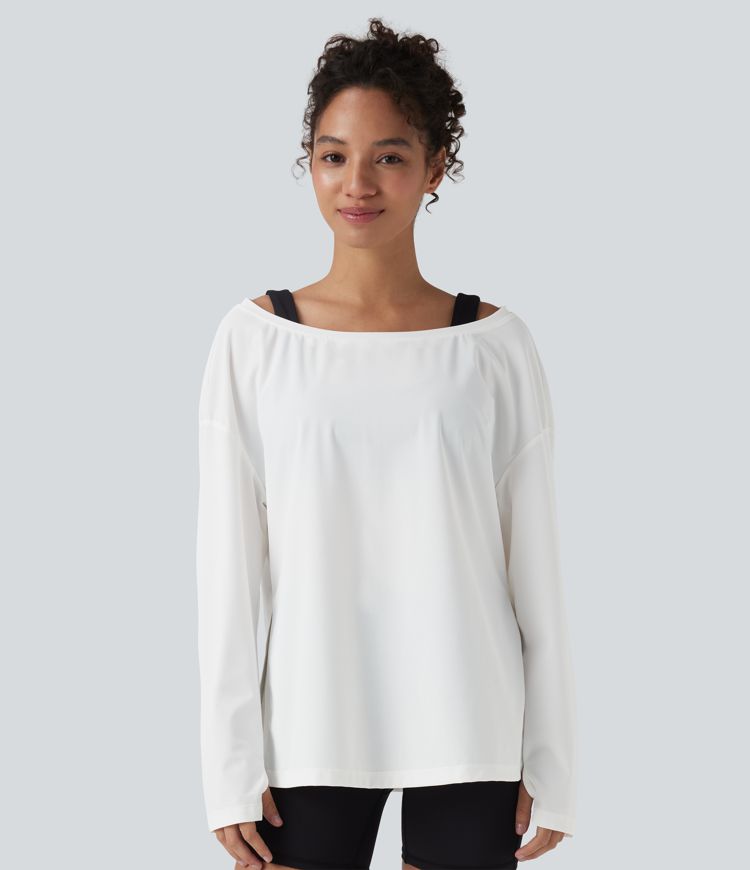 Boat Neck Long Sleeve Thumb Hole Hiking Sports Top-UPF40+