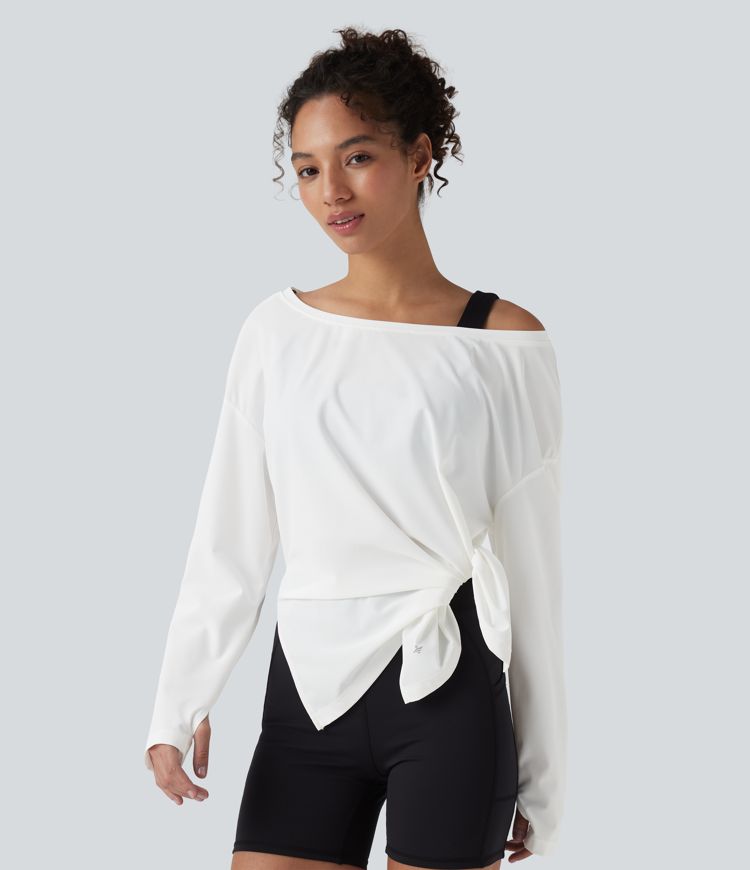 Boat Neck Long Sleeve Thumb Hole Hiking Sports Top-UPF40+