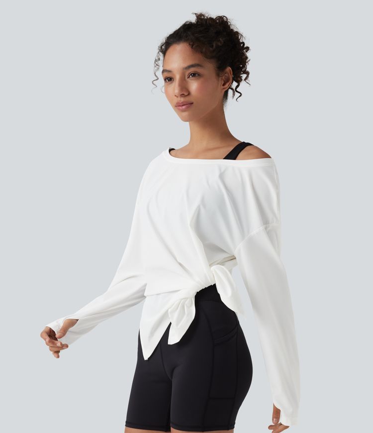 Boat Neck Long Sleeve Thumb Hole Hiking Sports Top-UPF40+