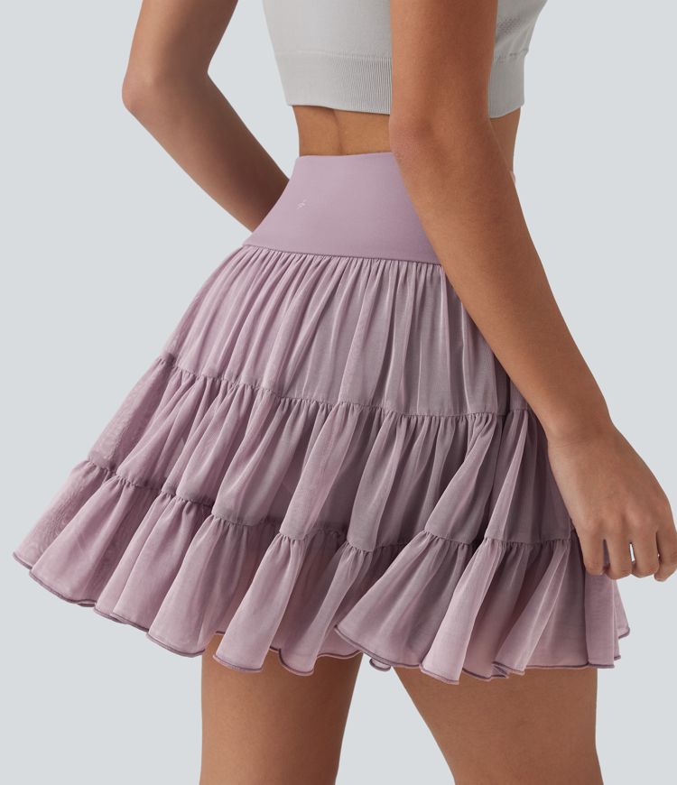 High Waisted Crossover Flowy 2-in-1 Mini Tennis Skirt with Pockets