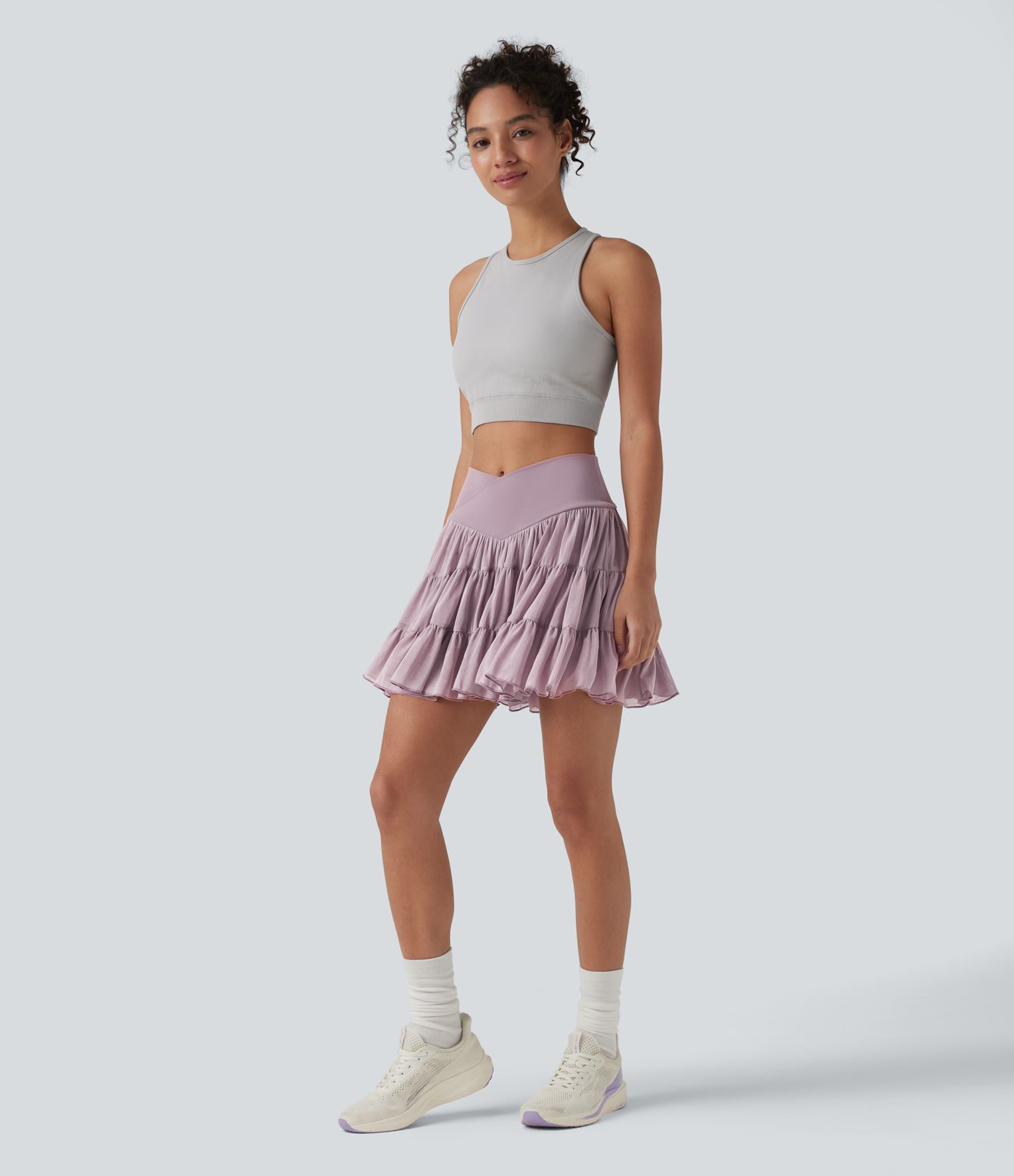 High Waisted Crossover Flowy 2-in-1 Mini Tennis Skirt with Pockets
