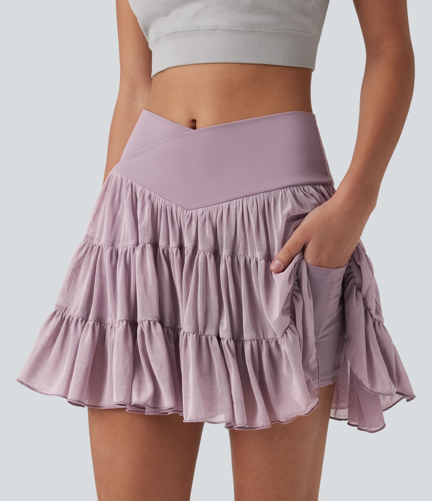 High Waisted Crossover Flowy 2-in-1 Mini Tennis Skirt with Pockets