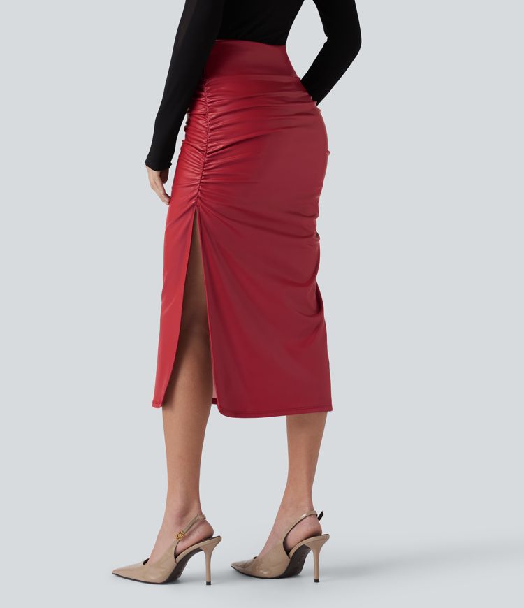 High Waisted Tummy Control Ruched Curved Hem 2-in-1 Fleece PU Midi Casual Skirt