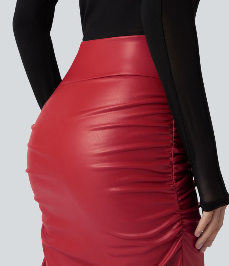 High Waisted Tummy Control Ruched Curved Hem 2-in-1 Fleece PU Midi Casual Skirt
