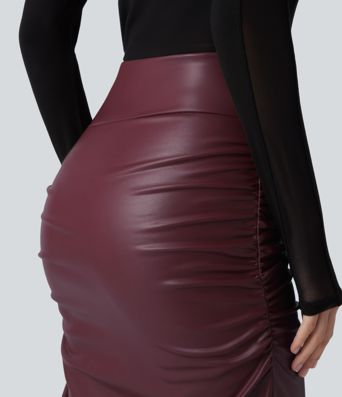High Waisted Tummy Control Ruched Curved Hem 2-in-1 Fleece PU Midi Casual Skirt