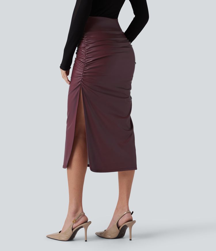 High Waisted Tummy Control Ruched Curved Hem 2-in-1 Fleece PU Midi Casual Skirt