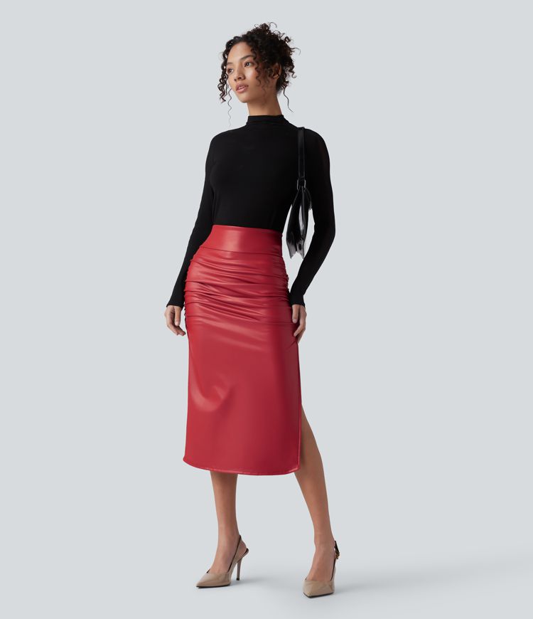 High Waisted Tummy Control Ruched Curved Hem 2-in-1 Fleece PU Midi Casual Skirt