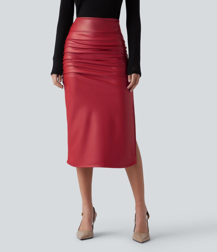 High Waisted Tummy Control Ruched Curved Hem 2-in-1 Fleece PU Midi Casual Skirt
