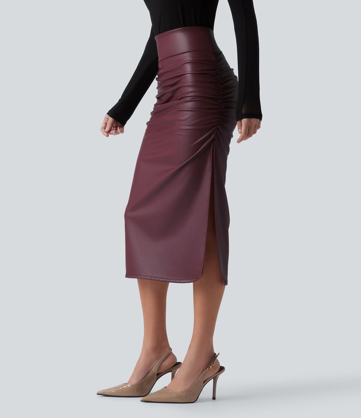 High Waisted Tummy Control Ruched Curved Hem 2-in-1 Fleece PU Midi Casual Skirt