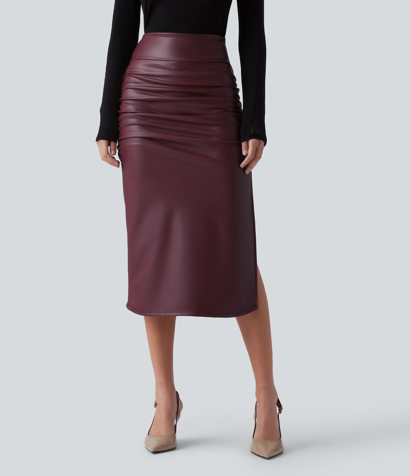 High Waisted Tummy Control Ruched Curved Hem 2-in-1 Fleece PU Midi Casual Skirt