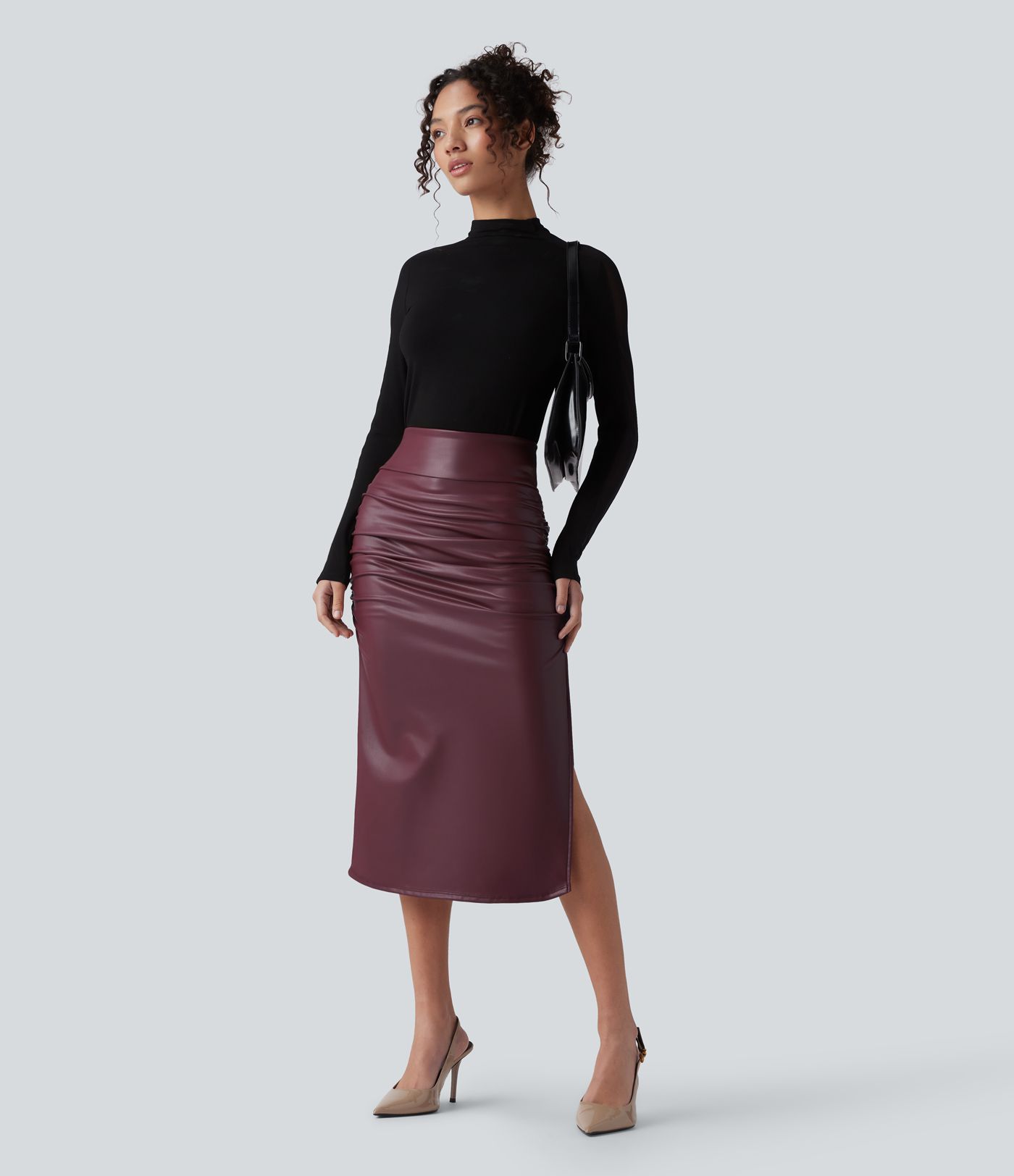 High Waisted Tummy Control Ruched Curved Hem 2-in-1 Fleece PU Midi Casual Skirt