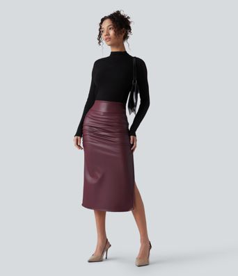 High Waisted Tummy Control Ruched Curved Hem 2-in-1 Fleece PU Midi Casual Skirt