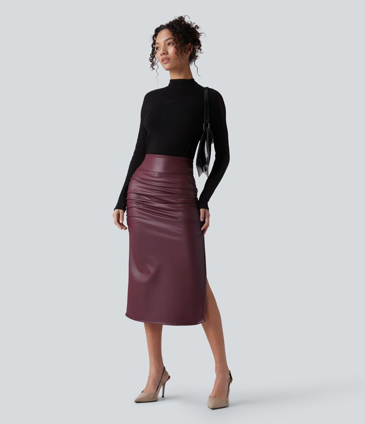 High Waisted Tummy Control Ruched Curved Hem 2-in-1 Fleece PU Midi Casual Skirt