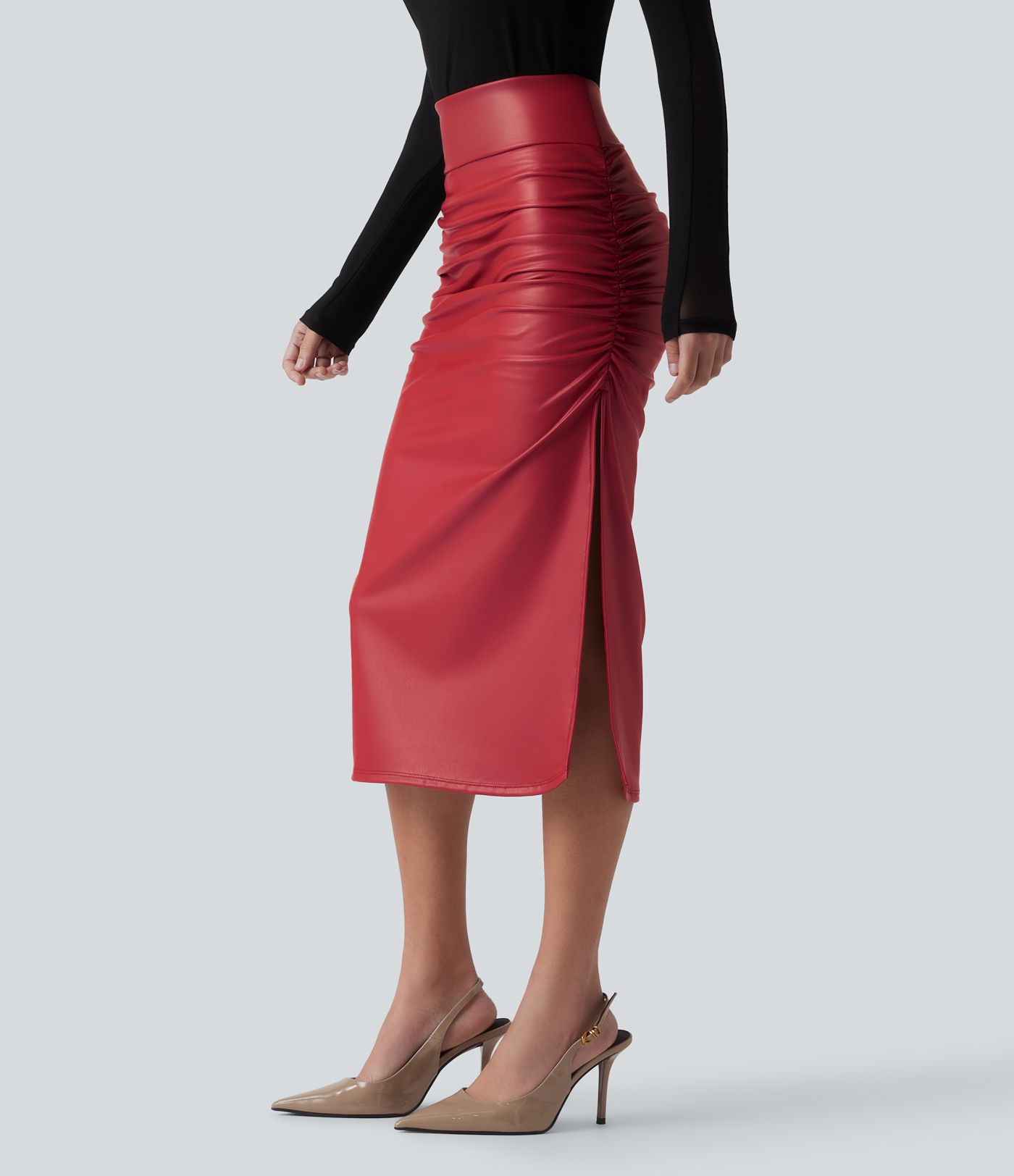 High Waisted Tummy Control Ruched Curved Hem 2-in-1 Fleece PU Midi Casual Skirt