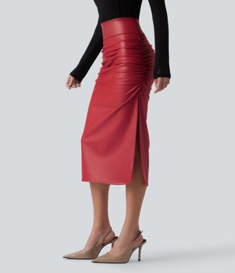 High Waisted Tummy Control Ruched Curved Hem 2-in-1 Fleece PU Midi Casual Skirt