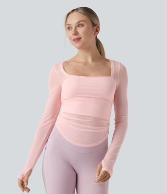 Square Neck Long Sleeve Thumb Holes Contrast Mesh Ruched Curved Hem 2-in-1 Workout Top