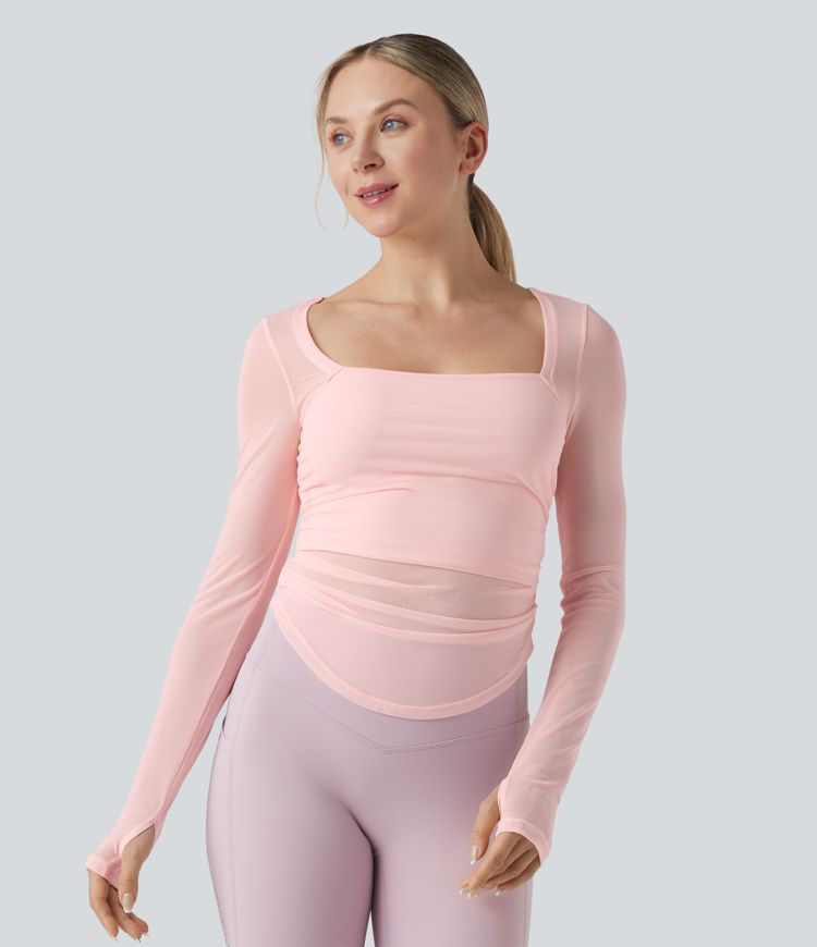 Square Neck Long Sleeve Thumb Holes Contrast Mesh Ruched Curved Hem 2-in-1 Workout Top