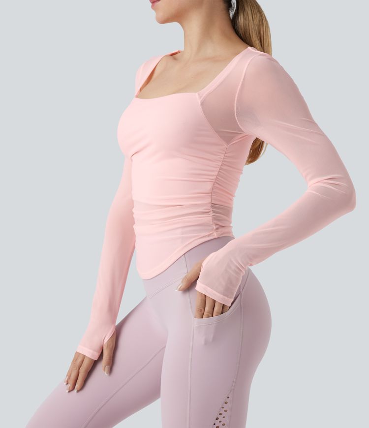 Square Neck Long Sleeve Thumb Holes Contrast Mesh Ruched Curved Hem 2-in-1 Workout Top