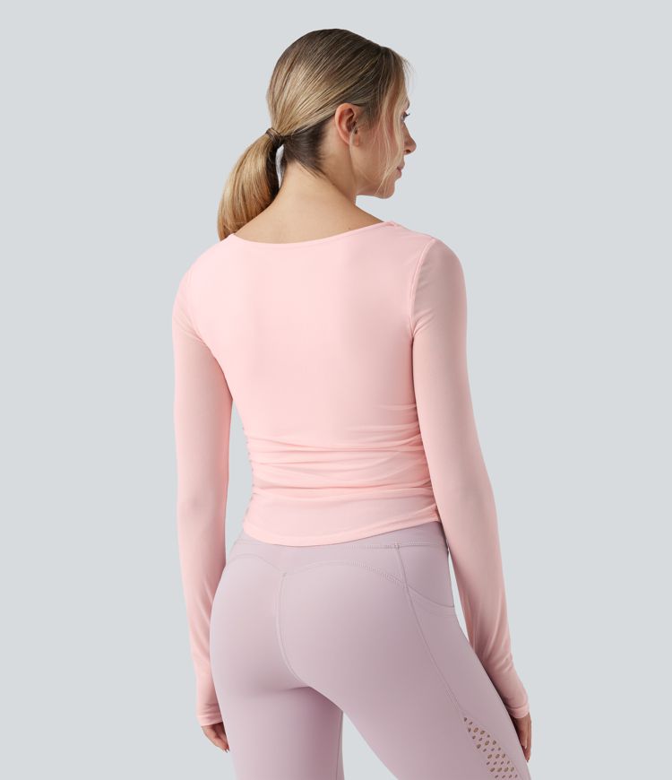 Square Neck Long Sleeve Thumb Holes Contrast Mesh Ruched Curved Hem 2-in-1 Workout Top