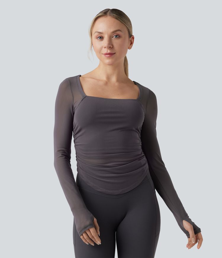 Square Neck Long Sleeve Thumb Holes Contrast Mesh Ruched Curved Hem 2-in-1 Workout Top