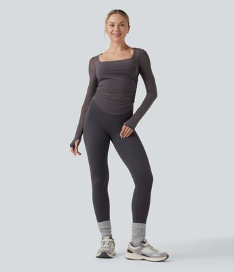 Square Neck Long Sleeve Thumb Holes Contrast Mesh Ruched Curved Hem 2-in-1 Workout Top
