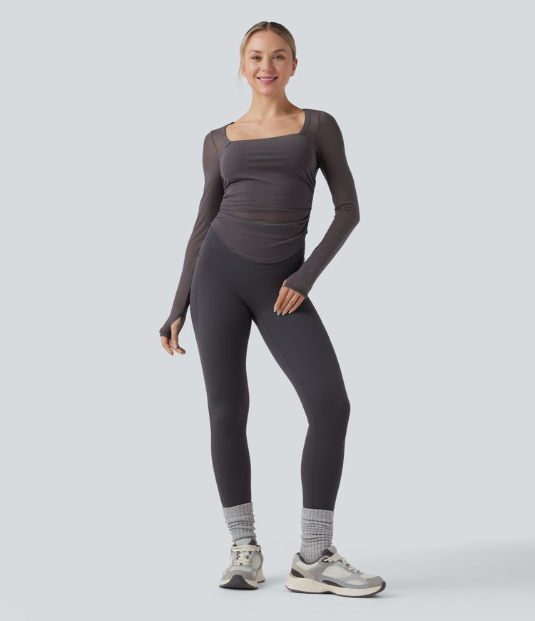 Square Neck Long Sleeve Thumb Holes Contrast Mesh Ruched Curved Hem 2-in-1 Workout Top