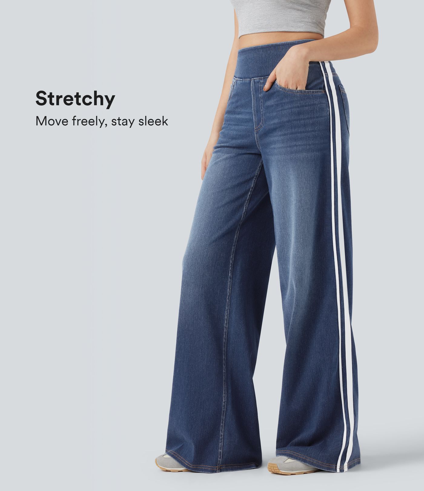 Halara Flex™ High Waisted Stripe Wide Leg Flowy Washed Casual Jeans with Pockets