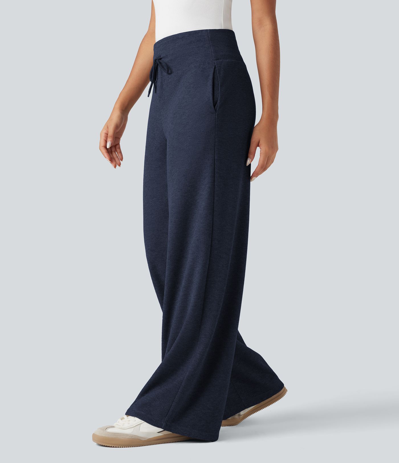 Ribbed Knit High Waisted Tummy Control Drawstring Casual Wide Leg Pants with Pockets