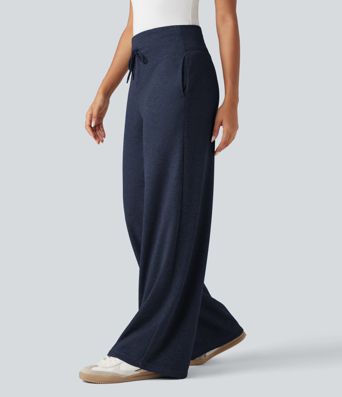 Ribbed Knit High Waisted Tummy Control Drawstring Casual Wide Leg Pants with Pockets