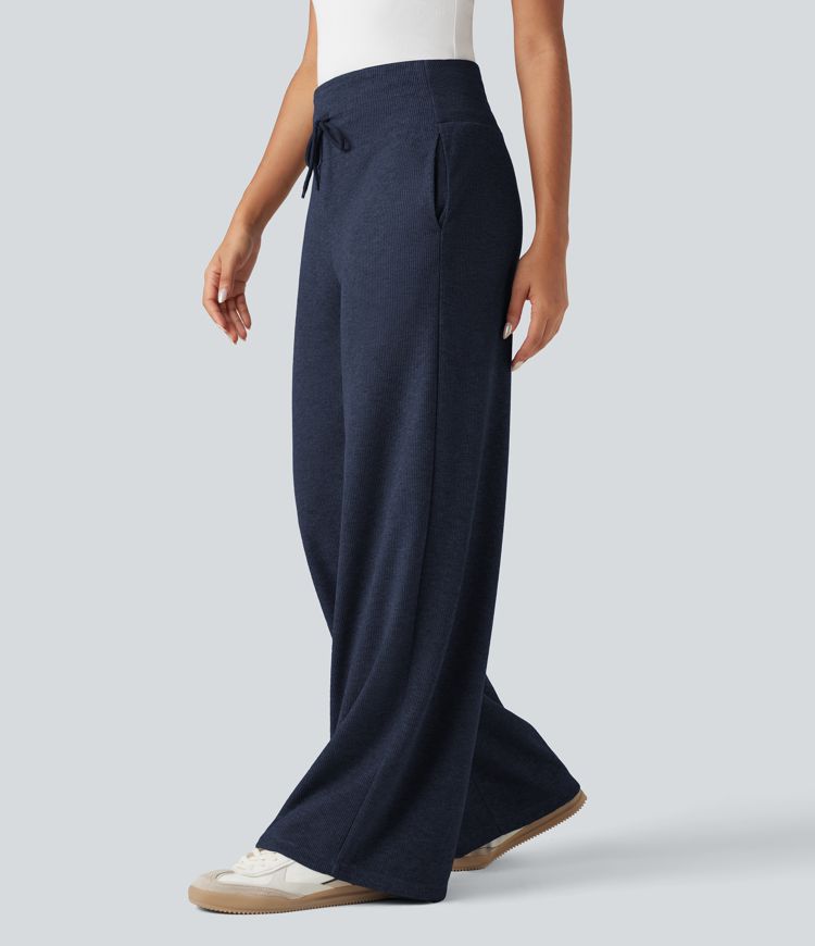 Ribbed Knit High Waisted Tummy Control Drawstring Casual Wide Leg Pants with Pockets