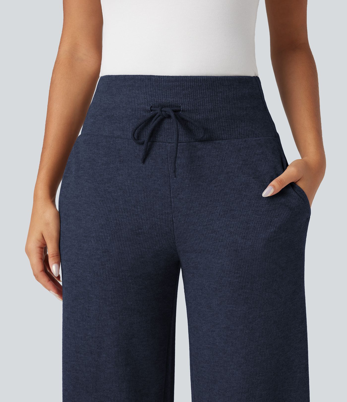 Ribbed Knit High Waisted Tummy Control Drawstring Casual Wide Leg Pants with Pockets