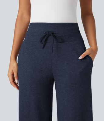 Ribbed Knit High Waisted Tummy Control Drawstring Casual Wide Leg Pants with Pockets
